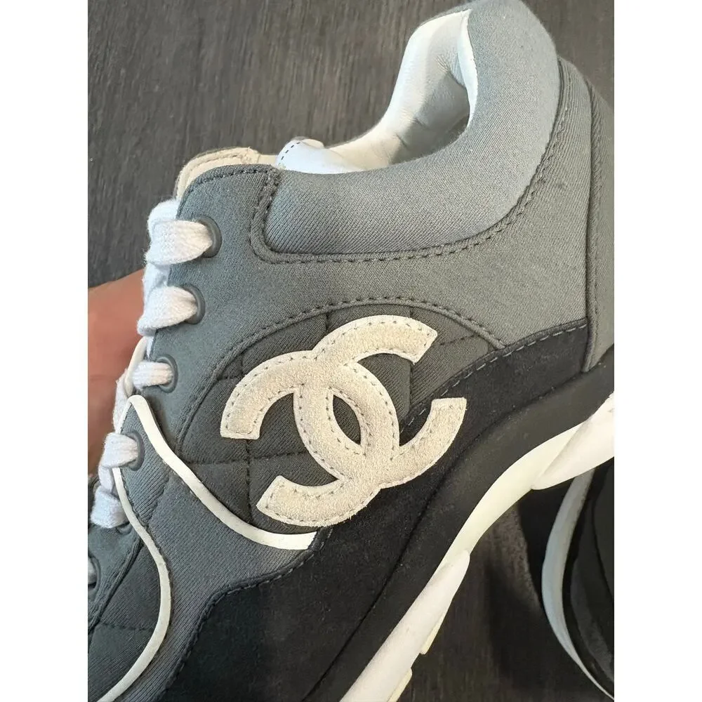 Chanel 2023 Fabric and Suede Calfskin Quilted Gray Trainer Sneakers Size 38(8)